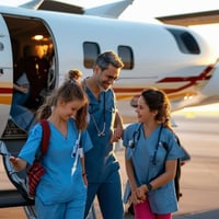 Medical professional and patient with family Boarding an air ambulance jet