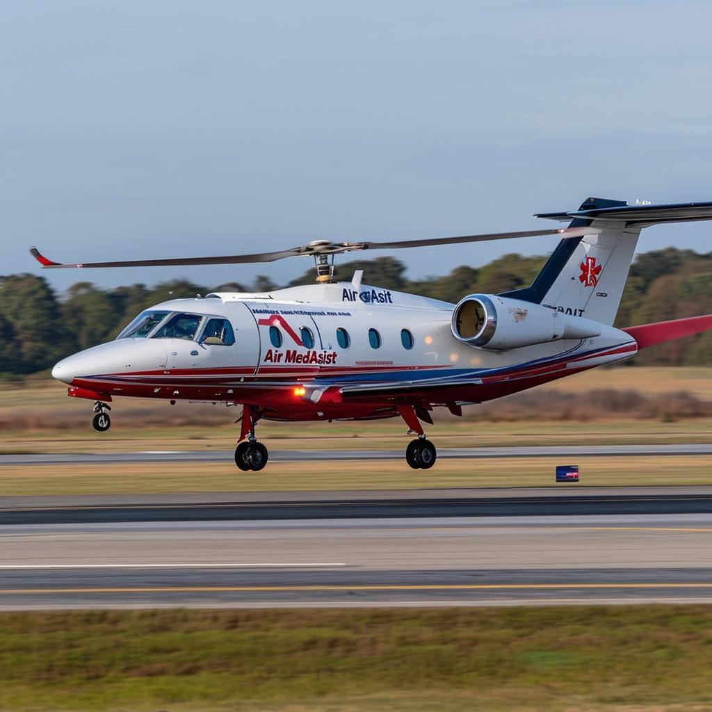 An AirMedAssist Air Ambulance Jet landing on the Turmac-2