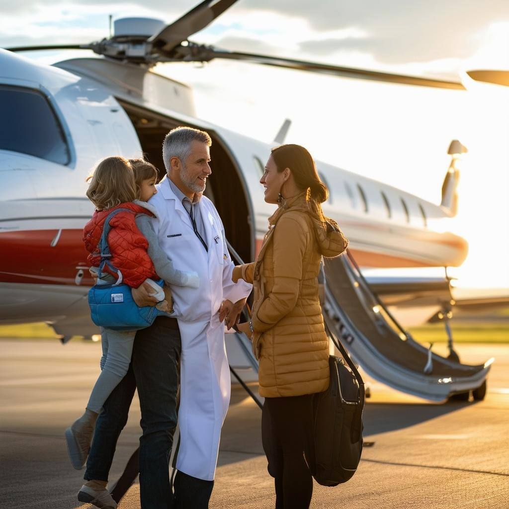 Medical professional and patient with family Boarding an air ambulance jet-1