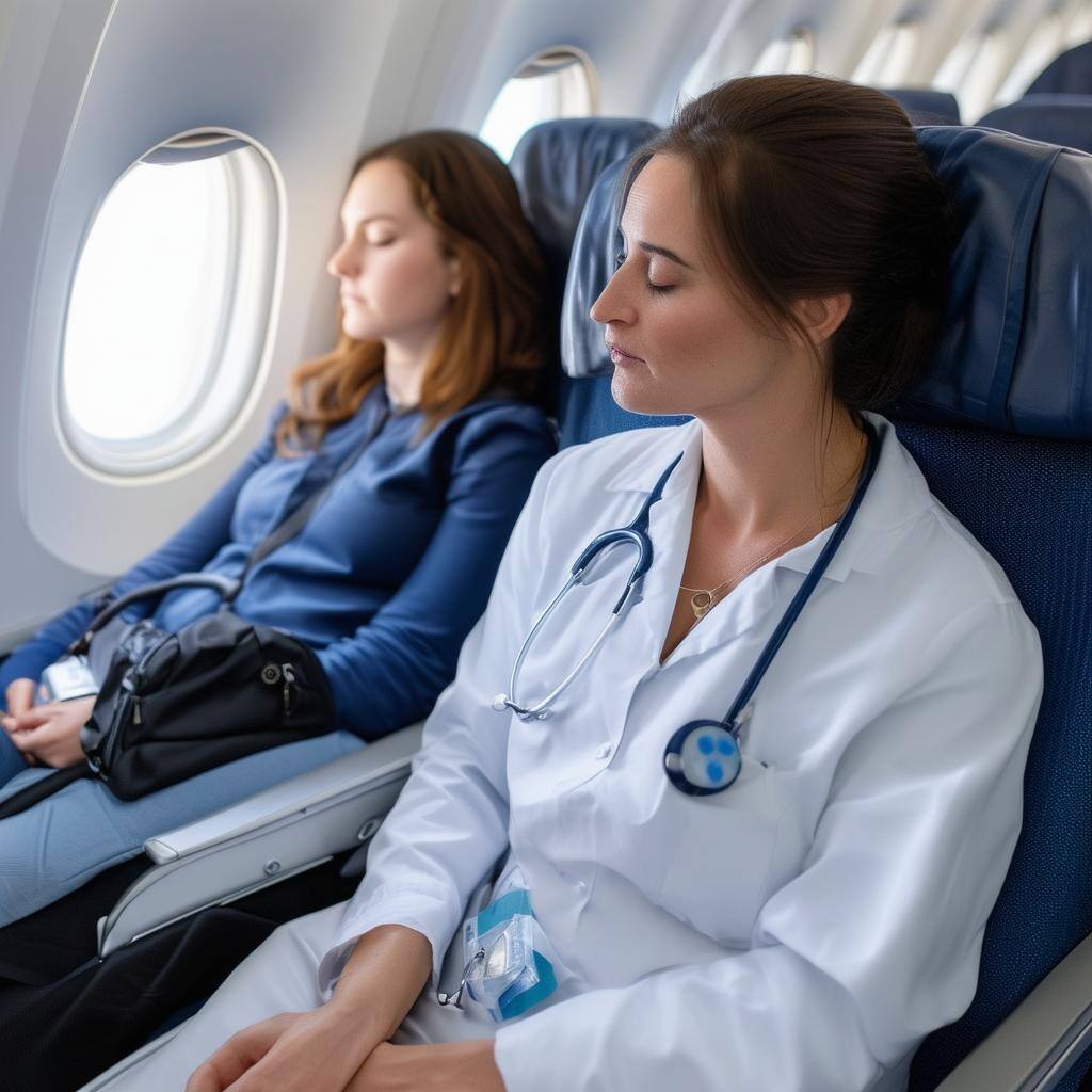 a medical clinician on a commercial flight sitting next to her patient with her medical bag all together